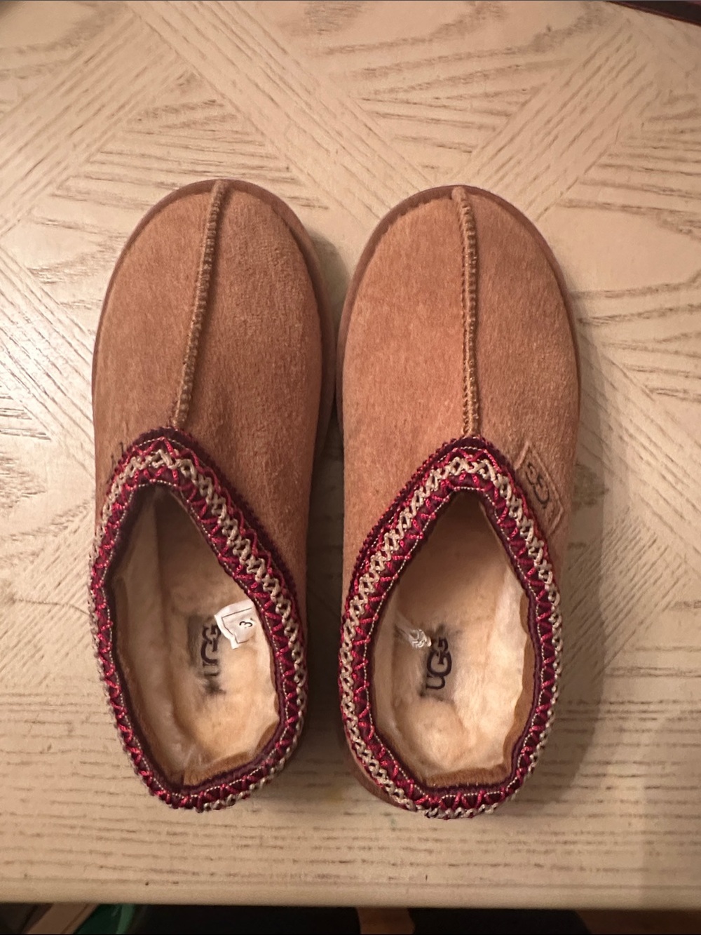 Stylish Tan Suede Shearling Lined Slippers with Red Trim